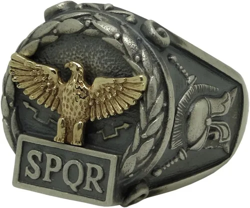Vista 8 de Anillo de plata de ley y oro macizo amarillo de 10 quilates hecho a medida con águila del imperio romano SPQR Skull Biker para hombre