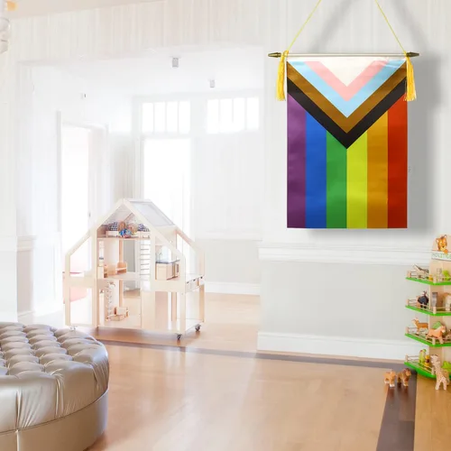 Vista 8 de CANTENDO Paquete de 2 banderas de pared con diseño de arco iris del progreso del orgullo progresivo, bandera colgante gay LGBTQ con poste colgante