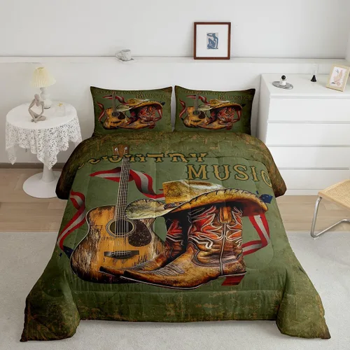 Vista 38 de Castle Fairy Juego de edredón de botas de vaquero, tamaño individual, juego de ropa de cama bohemio con guitarra musical para niños y niños