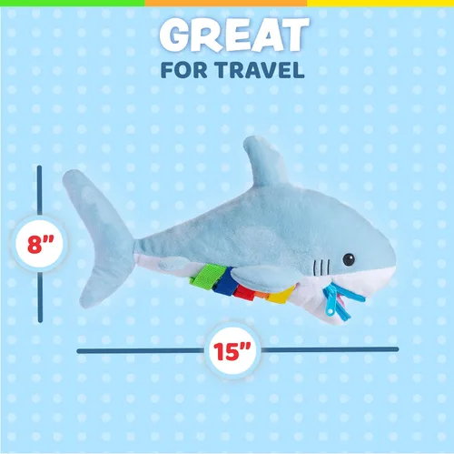 Vista 5 de Buckle Toys - Peluche de tiburón Bruce - Juguete de viaje Montessori para niños pequeños - Desarrolla habilidades motoras y resolución de problemas