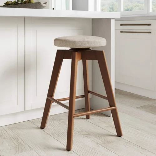 Vista 19 de Nathan James Barker Taburete de bar de altura de mostrador de madera maciza con cojín tapizado, taburete de isla sin respaldo con patas de madera