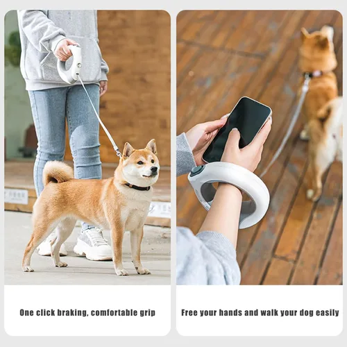 Vista 3 de Correa retráctil para perro con linterna, mango redondo recargable de 118 pulgadas con cerradura, luz de respiración ergonómica, para perros
