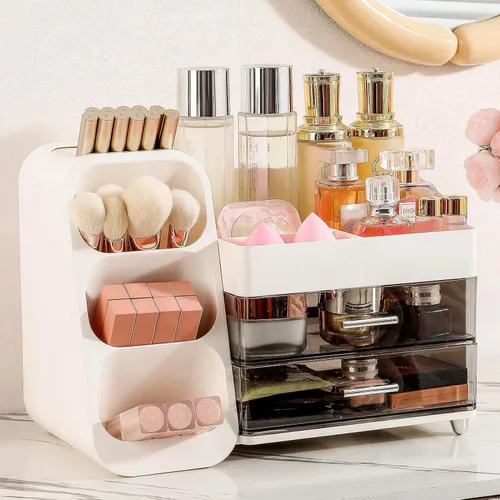 Vista 7 de Aveniee Organizador de maquillaje con cajones, gran organizador de encimera de baño para tocador, almacenamiento de cosméticos de escritorio