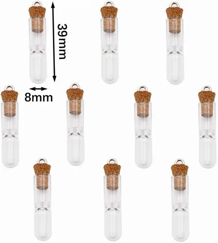 Vista 3 de 10 piezas lindo reloj de arena pequeña botella de corcho de vidrio mini reloj de arena vial colgante joyería encantos DIY (1.181x0.315 in)