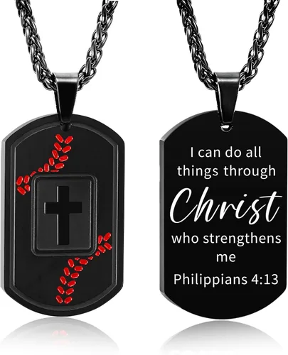 Vista 17 de Collar de cruz con versículo bíblico de béisbol, acero inoxidable, dije de cruz en tono negro/dorado/plateado, regalos religiosos, joyería deportiva