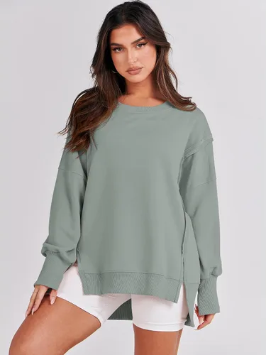 Vista 2 de ANRABESS Sudadera de gran tamaño para mujer, cuello redondo, manga larga, casual, con abertura, sin botones, ropa de otoño