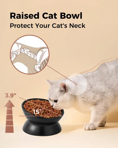 Vista 5 de LoeJan Tazón Elevado para Comida de Gatos, Tazón de Agua de Cerámica Elevado e Inclinado de 5 Oz, Platos Anti Vómito que Protegen la Columna