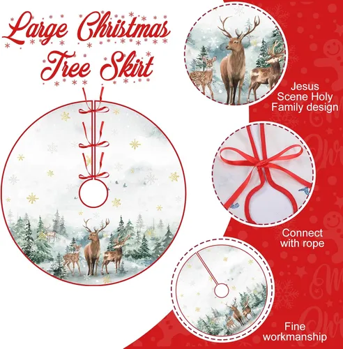 Vista 3 de Falda de árbol de Navidad de 48 pulgadas, falda de árbol de Navidad de poliéster con patrón de copo de nieve, ciervo, muñeco de nieve, decoraciones