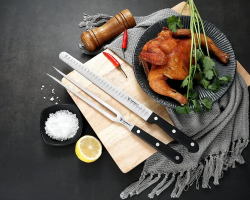 Vista 6 de Juego de cuchillo de trinchar de 10 pulgadas y tenedor de 9 pulgadas, hoja de acero inoxidable afilada con mango de agarre de espiga completa, borde