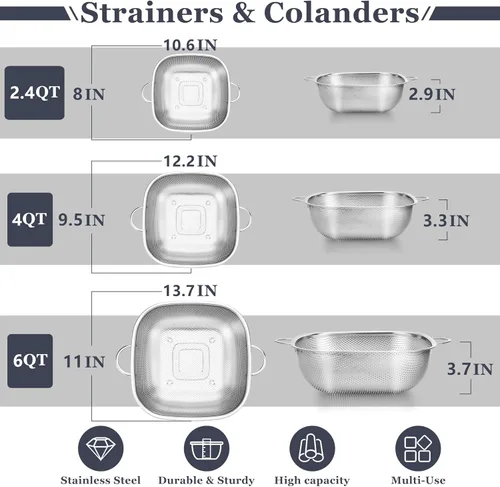 Vista 2 de E-far Paquete de 3 coladores para cocina, colador cuadrado de metal de acero inoxidable con asa para drenar alimentos, pasta, verduras
