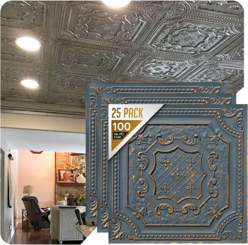 Vista 26 de De normal a hermoso en horas DCT04 Elizabethan Shield - Azulejos de PVC para techo de 2 x 2 pies (cubre 100 pies cuadrados), blanco negro antiguo