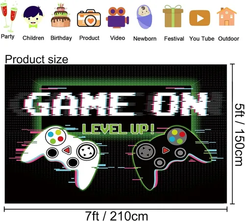 Vista 7 de Telón de fondo de videojuegos de 7 x 5 pies, accesorios de fotografía de juego sobre fondo, pancarta de fotos de feliz cumpleaños para fanáticos