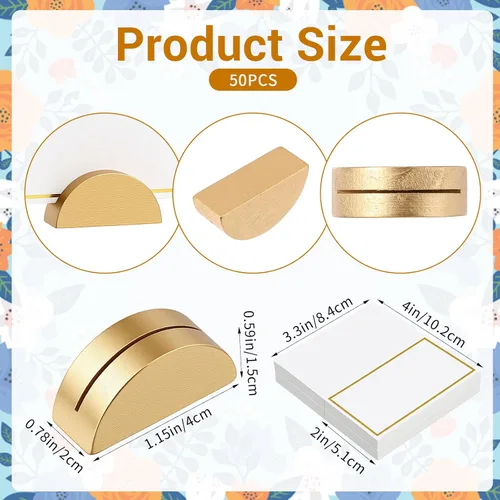Vista 2 de 50 soportes dorados para números de mesa, tarjeteros de madera con 50 tarjetas, soportes de números de mesa semicirculares para restaurantes, bodas
