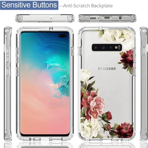 Vista 5 de Funda para Samsung Galaxy S10 Plus, Samsung S10+ SM-G975U con protector de pantalla de vidrio templado, bonito patrón floral transparente, funda