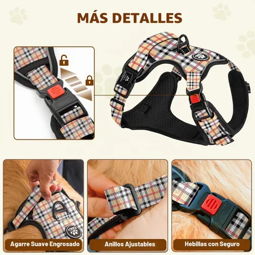 Vista 2 de FURRYFECTION Plaid Dog Harness with Leash and Seat Belt Set, Beige&White, M Tartán beige