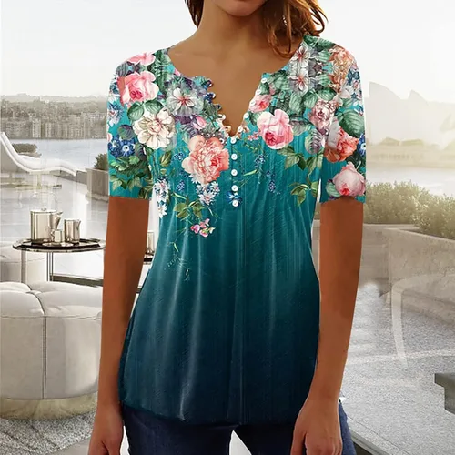Vista 2 de DASAYO Womens Dressy Casual Tops Shirts Floral Print Summer Trendy Tunic Blouse Vintage Bohemian Shirt Tops Outfits 2023