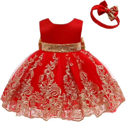 Vista 2 de 0-6T - Vestido de tutú de encaje bordado con lentejuelas y lazo grande para fiestas de bebé y niñas pequeñas con tocado
