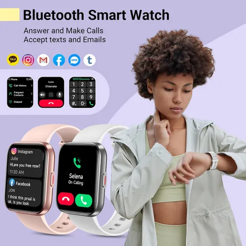 Vista 3 de Quican Potencia tu estilo de vida con Bluetooth Call Fitness Smartwatch para mujeres/hombres, Alexa, reloj inteligente con seguimiento de salud