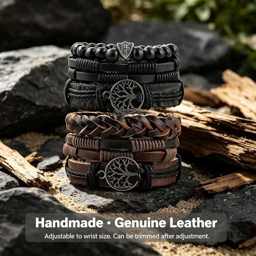 Vista 4 de HZMAN Pulseras de cuero genuino del árbol de la vida para hombres y mujeres (Classic Set)