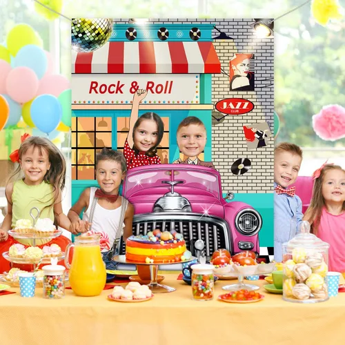 Vista 5 de Decoraciones de fiesta de los años 50, tema de los años 50, pancarta de fondo de fondo para cabina de fotos, decoración de fiesta de los años 50