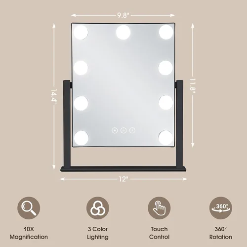 Vista 7 de Kotdning Espejo de tocador con luces, espejo de tocador iluminado con 9 bombillas regulables para vestidor y dormitorio, 3 modos de iluminación