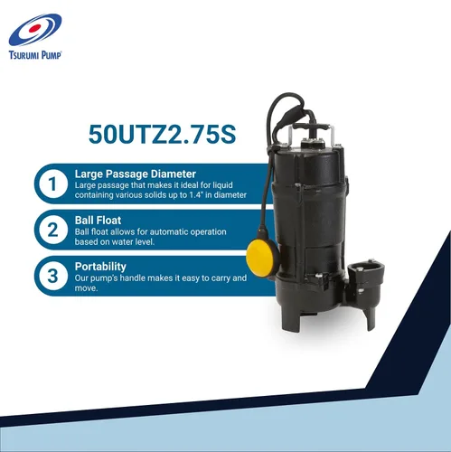 Vista 2 de Tsurumi Pump 50UTZ2.75S Bomba automática de aguas residuales de hierro fundido 1 HP, 115 V, descarga de 2 pulgadas Ideal para bombear aguas
