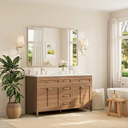 Vista 122 de TETOTE Espejo de marco dorado cepillado de 16 x 24 pulgadas, espejo de tocador de baño de latón dorado para pared, espejo enmarcado rectangular