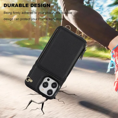 Vista 8 de Bocasal Funda tipo cartera cruzada para iPhone 15 Pro Max, funda de piel con bloqueo RFID y soporte para tarjetas, funda protectora con cremallera
