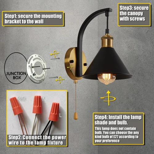 Vista 7 de Lightess Apliques de Pared Industriales con Interruptor de Cordón, Luz de Pared Montada Estilo Granja Negro, Accesorio de Iluminación de Pared