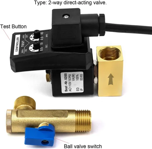 Vista 3 de QWORK Válvula automática de drenaje de condensado temporizada, 1/2" CA 110V, válvula de drenaje de acción directa de 2 vías, enchufe EE. UU