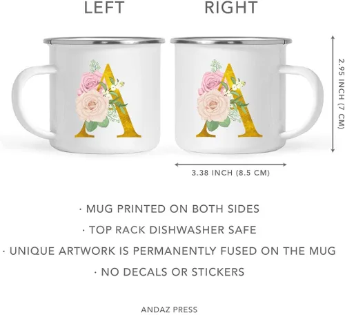 Vista 5 de Andaz Press Taza de café de acero inoxidable para niños de 11 onzas, regalo de taza de café de fogata, rosa rubor, monograma de oro sintético, letra