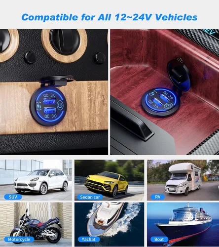 Vista 7 de Paquete de 2 enchufes de carga rápida 3.0 con cargador USB dual, toma de corriente USB impermeable de 36 W, carga rápida con interruptor táctil