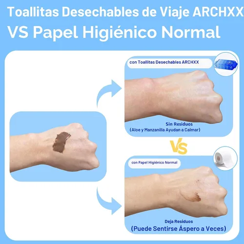 Vista 6 de ARCHXX Toallitas desechables de viaje, 16 paquetes de viaje (112 unidades), paquete económico, 99% de agua con aloe y manzanilla, sin perfume e