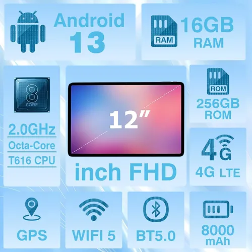 Vista 2 de Tablet Android con ranura para tarjeta SIM desbloqueada, pantalla grande de 12 pulgadas, tableta celular 4G LTE con Android 13 16GB (8+8 virtual)