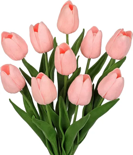 Vista 10 de 24 tulipanes rosas – Flores artificiales – Tulipanes artificiales de 13.5 pulgadas para el día de la madre, jarrón, centros de mesa, hogar, ramo