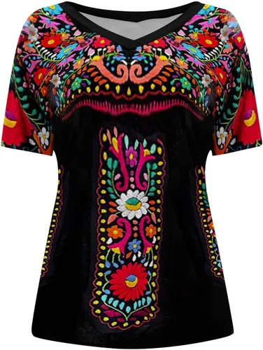 Vista 4 de Camisa mexicana para mujer, estilo étnico, vintage, bordada, floral, blusa campesina, ajuste holgado, manga larga, cuello en V, camisa bohemia