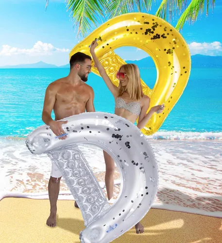 Vista 5 de POZA Silla flotante inflable para piscina, tumbona lujosa rellena de confeti brillante, 2 portavasos y asas integrados, silla flotante de agua