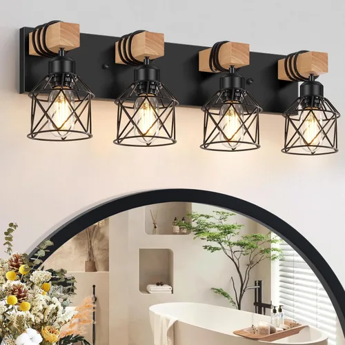 Vista 20 de FadimiKoo Juego de 2 apliques de pared, lámparas de pared de madera de cabecera con interruptor giratorio, lámpara de tocador de baño negra