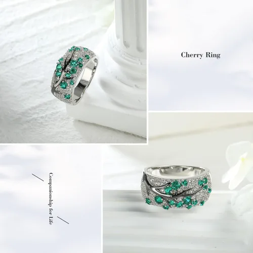 Vista 4 de RANDES Anillo de plata de ley 925 con ramas de árbol de rubíesmeralda para mujer, joyería de piedra natal