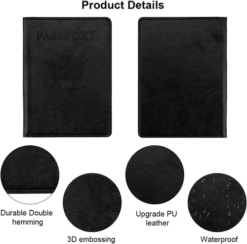 Vista 4 de Funda de cuero para pasaporte - Cartera de pasaporte de viaje para mujeres y hombres, artículos esenciales para el aeropuerto con protector, Negro