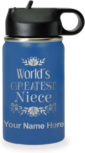 Vista 61 de LaserGram Botella de agua con tapa abatible de doble pared de 12 onzas con pajilla, sobrina más grande del mundo, grabado personalizado incluido