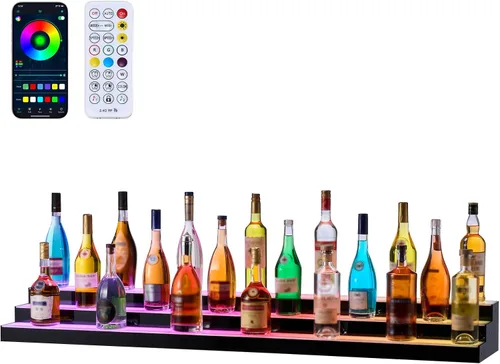 Vista 11 de VEVOR Pantalla de botella de licor con iluminación LED, 2 niveles de 30 pulgadas, compatible con USB, estante iluminado de bar para el hogar