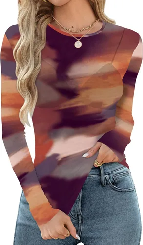 Vista 5 de OFEEFAN - Blusas de malla para mujer con manga larga y encaje, camisetas de cuello redondo ajustadas y transparentes Champán