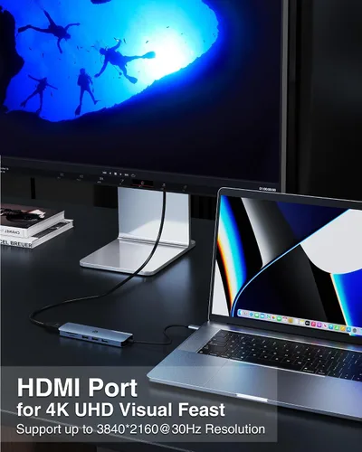 Vista 7 de Hub USB C 6 en 1, adaptador USB C, USB 3.0, HDMI 4K, 2 USB 2.0, lector de tarjetas SD/TF, estación de acoplamiento para dispositivos Mac Pro/Air