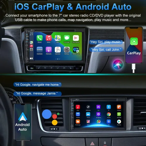 Vista 2 de Estéreo de coche doble DIN con CD DVD, cámara de respaldo compatible con CarPlay/Android Auto, pantalla táctil de 7 pulgadas, radio Bluetooth 5.2