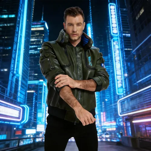 Vista 5 de Chaqueta táctica de cosplay con cuello alto brillante para hombre Collar verde-azul