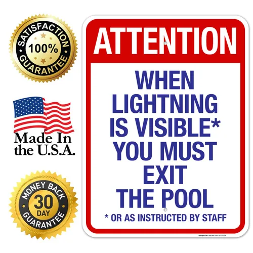 Vista 21 de Letrero con texto en inglés "Attention When Lightning is Visible You Must Exit The Pool - Letrero de piscina, 10 x 14 pulgadas, libre de óxido