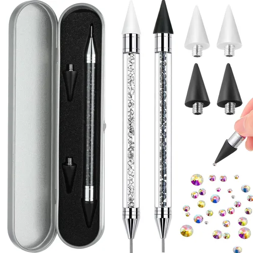 Vista 9 de 2 piezas de lápiz de cera con punta de diamante de imitación y pluma de punteado, selector de gemas de diamante de imitación de doble punta, lápiz