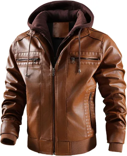Vista 7 de INVACHI Men's Faux Leather Jacket, Motorcycle Bomber with Removable Hood Un negro