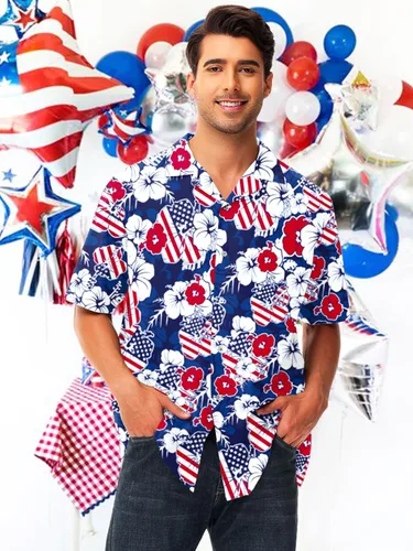 Vista 2 de AOBUTE Camisas para hombre del 4 de julio con la bandera americana, camisa hawaiana divertida LGBTQ